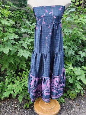 Boho Silk Tigerlily Strapless Dress Tiered Navy Pink‎ Floral Print Smocking